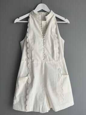 COMMENSE NWT White Cotton Halter Romper Scalloped Button Front Size M Coastal